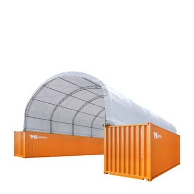 Temporary storage shelter: white curved fabric tunnel attached to orange shipping containers outside.",