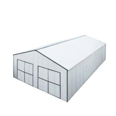 Metal storage shed with corrugated metal walls and a pitched roof, featuring two large double doors on the front.