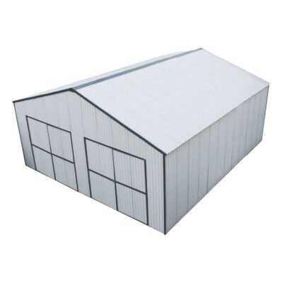 Metal storage shed with corrugated light-gray panels and two large double doors under a gabled roof in an outdoor setting.