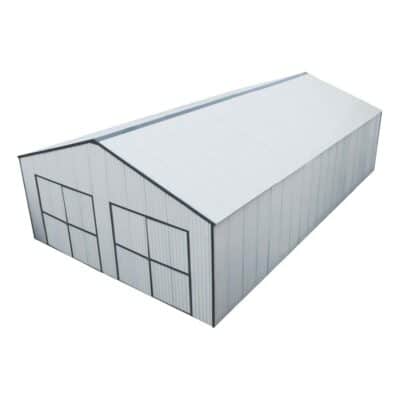 Isometric view of a gray metal storage shed with a pitched roof and two large double doors.