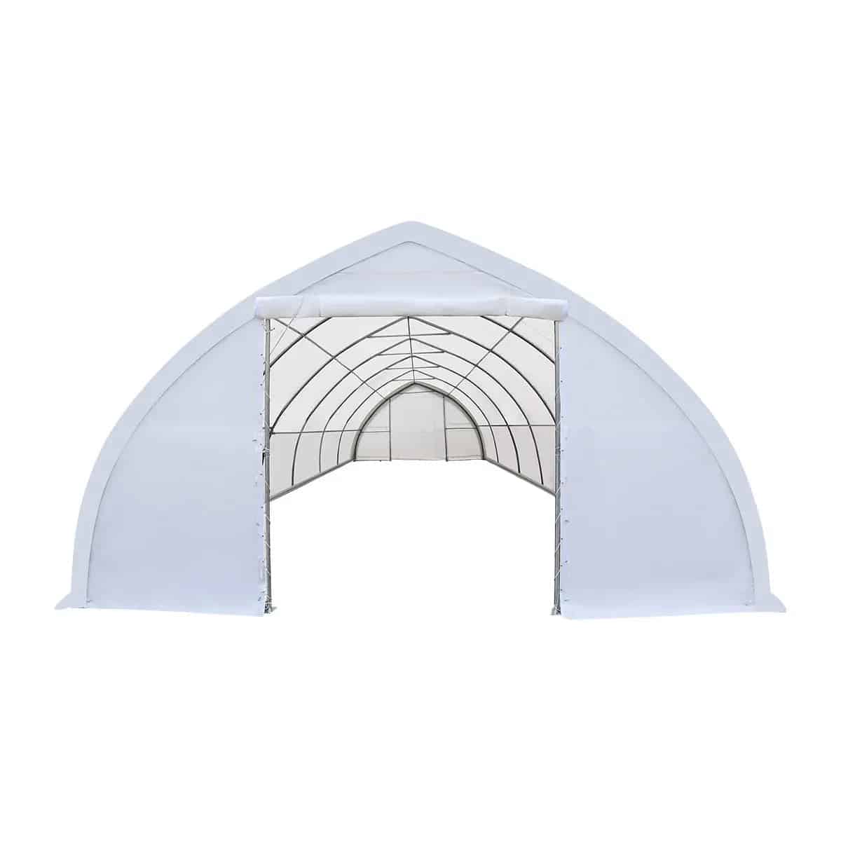 White arched tent with a metal frame and white fabric panels, shown open at the front for easy access.