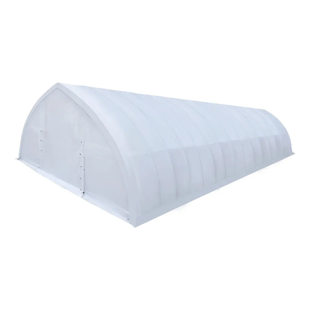 White curved-hoop polytunnel greenhouse covered in translucent fabric, used for garden growing beds inside. Description as a single-structure greenhouse. (informative)