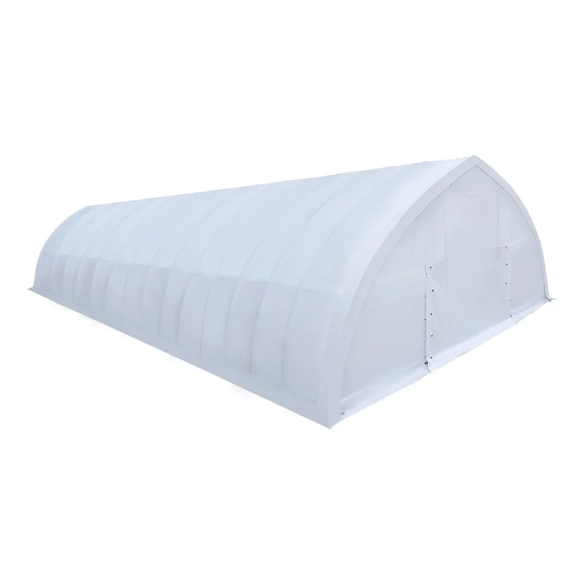 Long white tunnel greenhouse structure, cylindrical arched frame covered with translucent plastic