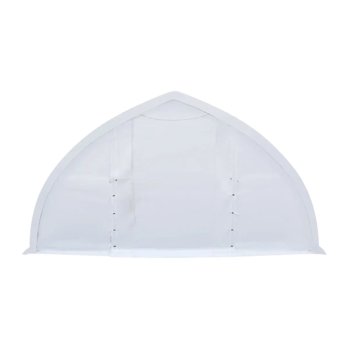 White arched tent/shelter with zipped side panels and a peaked roof, set against a plain background.