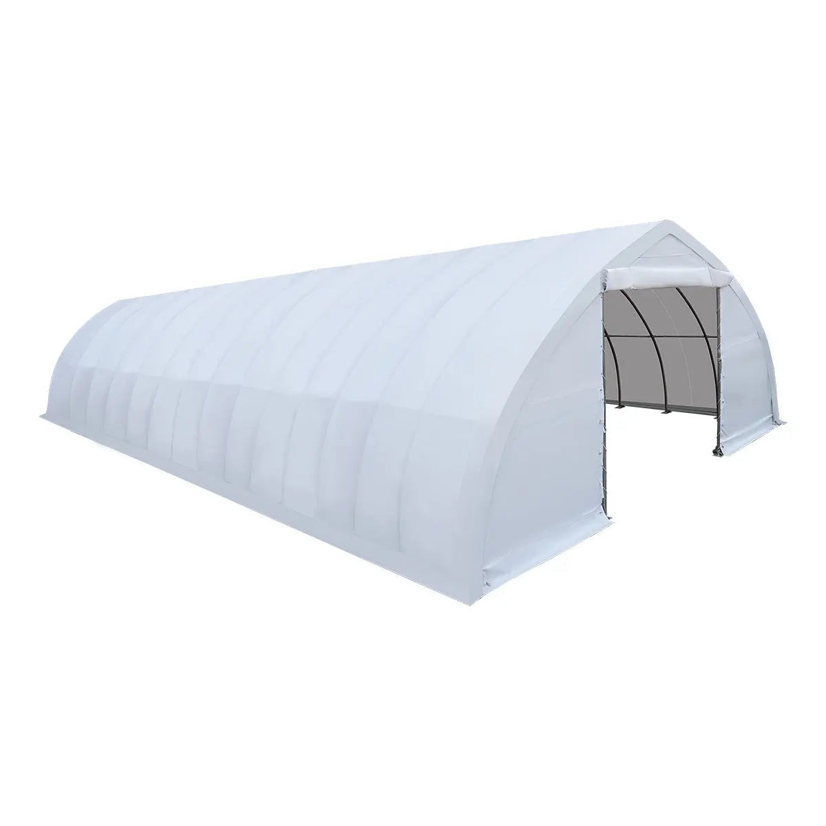 White arched greenhouse tunnel with a front entry/door opening