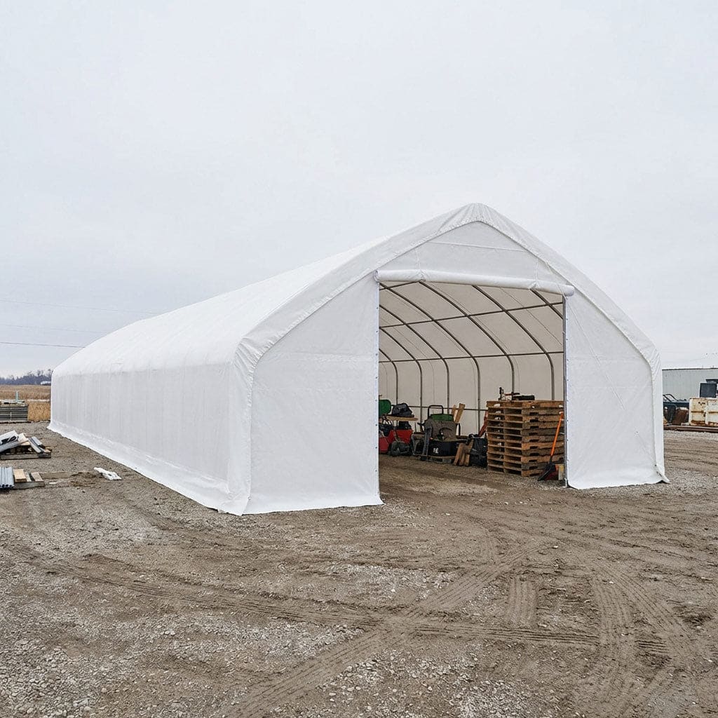 TMG-ST3072V 30' x 70' Straight Wall Peak Ceiling Storage Shelter with Heavy Duty 17 oz PVC Cover TMG-ST3072V (Previously