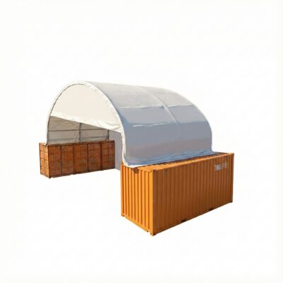 TMG-DT4022CF8 40' x 20' Dual Truss Container Shelter with Heavy Duty 21 oz PVC Cover, Enclosed End Wall & Front Drop, TM