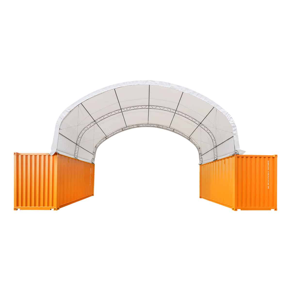 Arch-shaped white canopy supported by a steel frame between two orange shipping containers forming a tunnel entrance