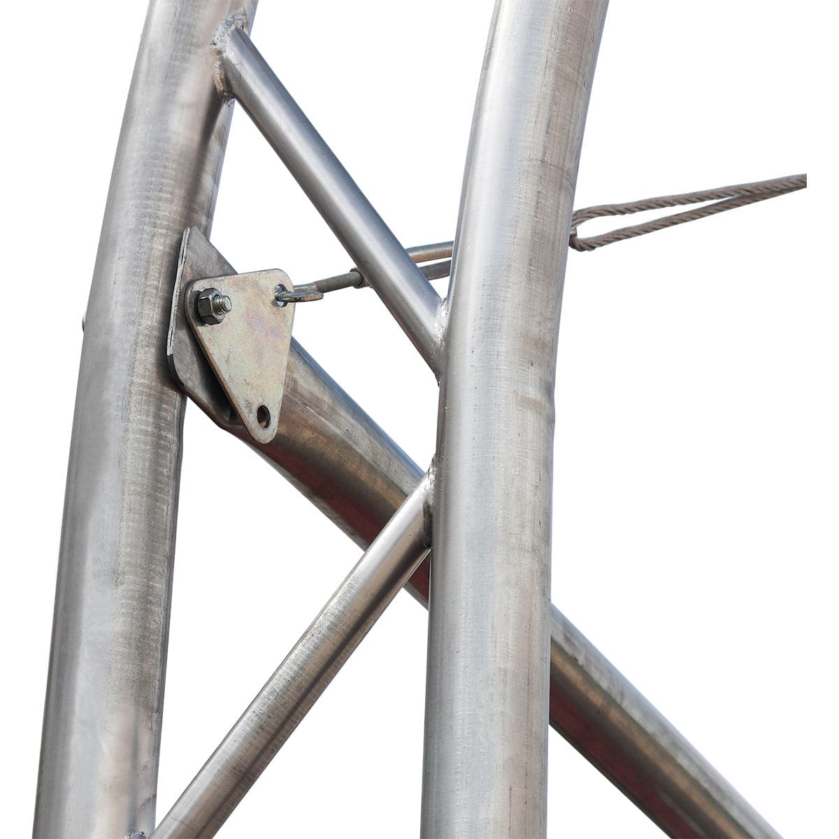 Close-up of a steel scaffold frame with a diagonal brace and a mounting plate bolted to the tube edge in a glossy metallic finish