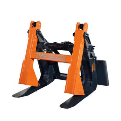 Orange and black forklift attachment with dual forks and hydraulic arms, labeled TMG-SLG72