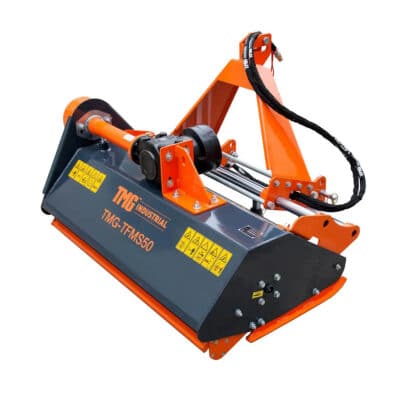 Industrial hydraulic attachment with orange frame and gray housing, featuring hoses and mounting points for heavy machinery.