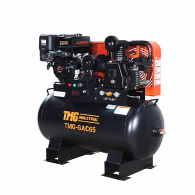 Industrial air compressor unit with black tank, orange motor housing, gauges, and controls (model TMG-GAC65).