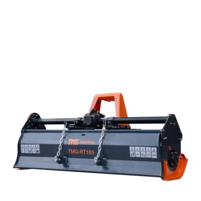 Heavy-duty timber grapple attachment for a skid-steer loader, gray body with orange mounting arms and the label TMG-RT165.