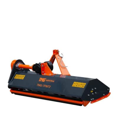Industrial rotary mower attachment for a skid-steer or tractor, orange frame with a dark grey cutting housing labeled 'TMG Industrial'