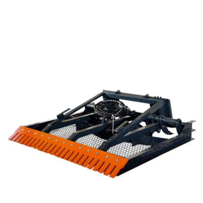Heavy-duty skid-steer attachment featuring an orange serrated plow edge and black frame for snow or debris removal.