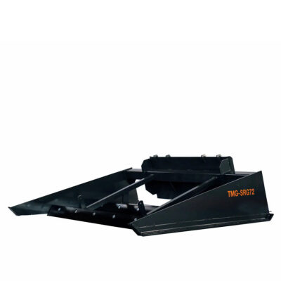Heavy black skid-steer attachment or bucket with angled cutting edges and mounting brackets, labeled TMG-SRG72, designed for digging/loading
