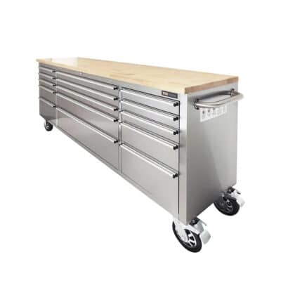 TMG-WB7215S 72" Stainless Steel Rolling Workbench, Rubberwood Tabletop, 15 Lockable Drawers, Locking Wheels, TMG-WB7215S