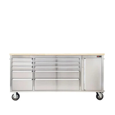 TMG-WB7210S 72" Stainless Steel Rolling Workbench, Rubberwood Tabletop, Lockable Drawers and Cabinet, Locking Wheels, TM