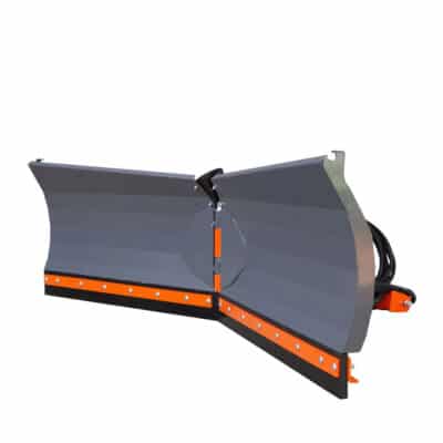 Wide gray snow plow blade with orange edge trim and hydraulic mounting hardware, ready to attach to a truck