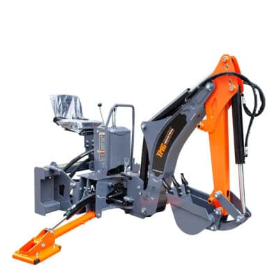 Front-mounted hydraulic backhoe attachment with orange boom and gray chassis, including digging bucket and control levers.