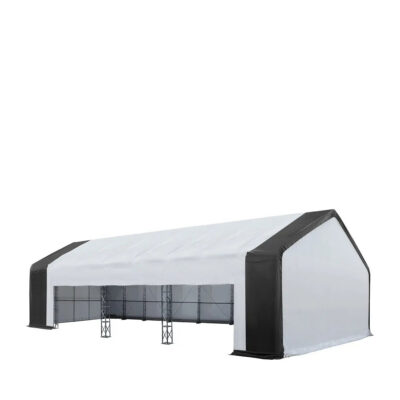 80' x 33' Dual Truss Storage Shelter Workshop, (3) 19' Wide Drive-Through Openings, Scaffolding-Style Door Frame Support