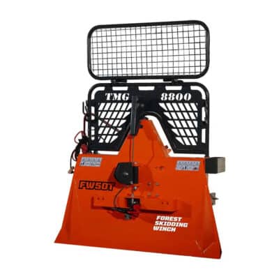 Orange forest skidding winch with protective mesh guard and hydraulic winch, used for pulling logs in logging operations (FW50T model).
