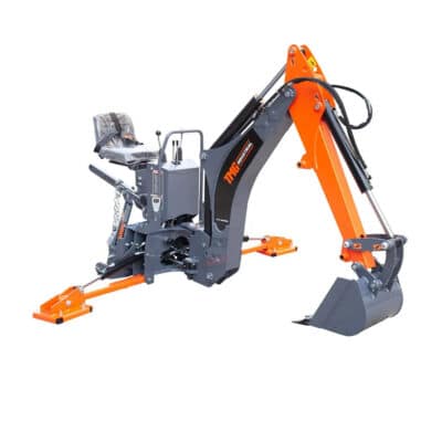 Orange and gray tractor backhoe attachment with a digging bucket, ready for operation.