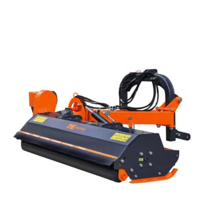 Orange and dark gray industrial rotary mower attachment with hydraulic hoses and mounting frame ready for connection to a machine