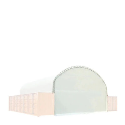 White fabric arch tent with elongated pink side walls, used as a temporary storage shelter.