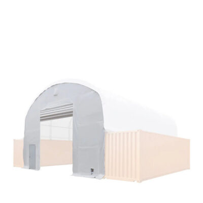 White arched fabric tunnel/entry connected to a beige shipping container, likely a temporary access structure used at a storage site.