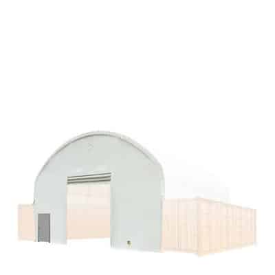 Large white arched storage tent (Quonset hut) connected to rectangular modular units on both sides.