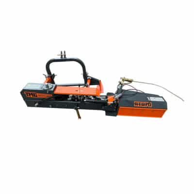 Industrial metal cutting shear with orange and black frame, labeled RT070, featuring a control panel and overhead handle.