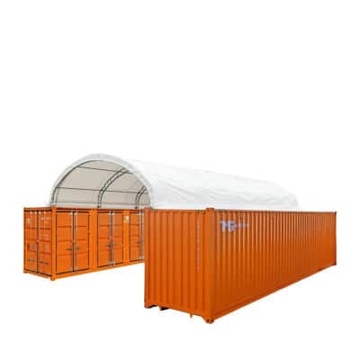Orange shipping containers arranged in a row with a white curved fabric canopy connecting them, forming a temporary storage area.