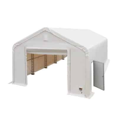 White portable fabric shelter with a peaked roof and open front, showing a metal internal frame and storage space inside