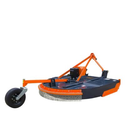 Rear-mounted orange rotary mower with a chain-driven cutting edge for clearing grass and brush