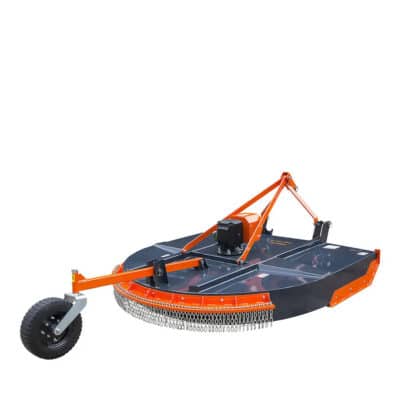 Orange and black rotary mower attachment with a single front wheel, designed to attach to a tractor for cutting grass and brush.