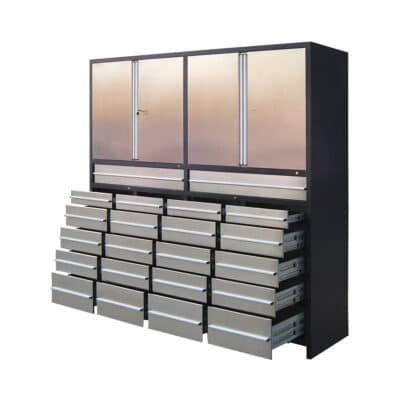 Black metal storage cabinet with two top doors and many open silver drawers beneath (tool chest)