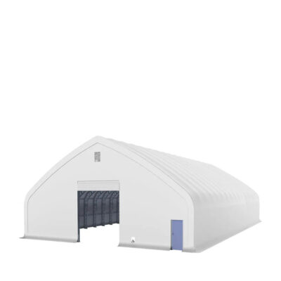 White fabric storage tent with a large open front bay and a small blue side door, set on a flat surface.