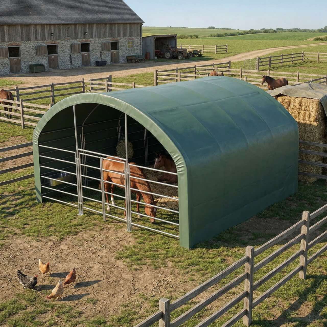 TMG-ST2022L TMG Heavy Series™ 20' x 20' Livestock Corral Shelter, 12' Dome Roof, 17 oz Military Green PVC Covering, 6-Ba