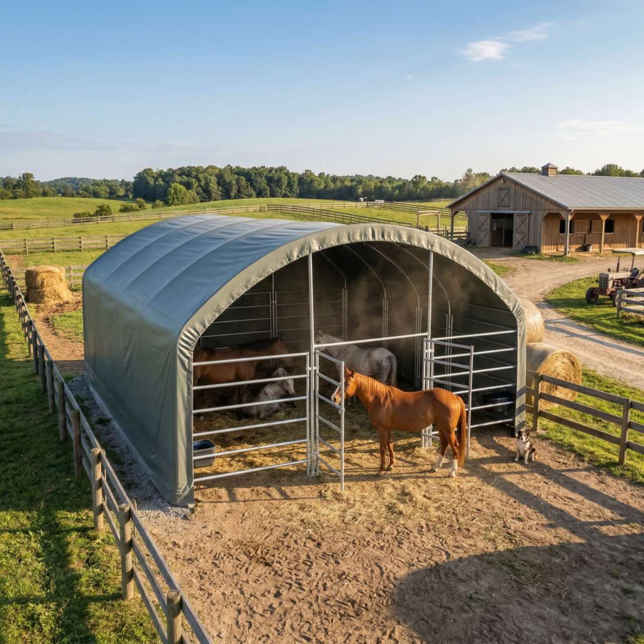 TMG-ST2022L TMG Heavy Series™ 20' x 20' Livestock Corral Shelter, 12' Dome Roof, 17 oz Military Green PVC Covering, 6-Ba