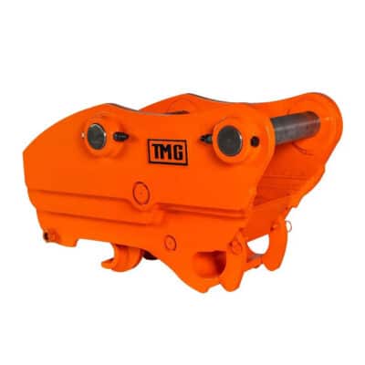 Orange hydraulic grappling attachment for an excavator, featuring twin curved jaws and a TMG logo