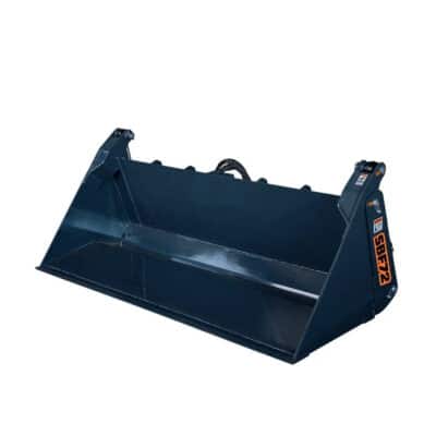 Blue steel bucket attachment for a skid-steer loader, angled front edge for scooping material.