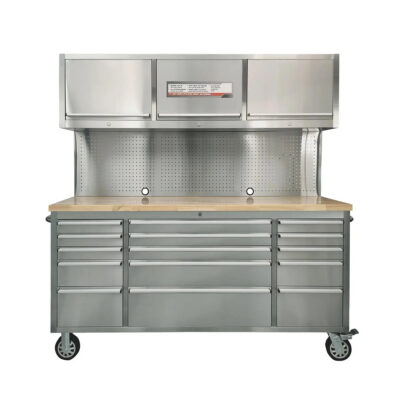 TMG-WBC72S-W Stainless Steel 72" Rolling Workbench Cabinet Combo, 15 Lockable Drawers, Wall-Mounted Cabinets, Pegboard,
