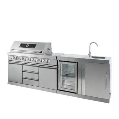 Stainless steel outdoor kitchen island with built-in six-burner grill, multiple drawers, a glass-door fridge, and a sink with tall faucet on the right.