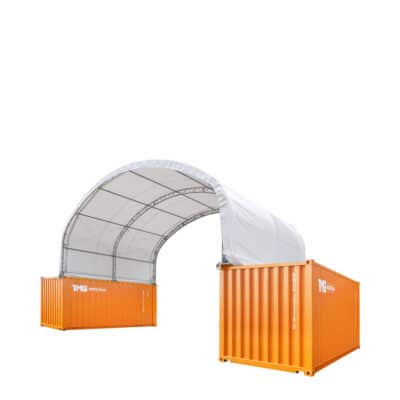 Orange shipping containers with a white curved fabric canopy forming a shelter between them
