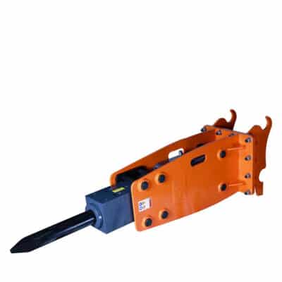 Orange hydraulic breaker attachment with a black chisel bit for an excavator, used for rock demolition on construction sites