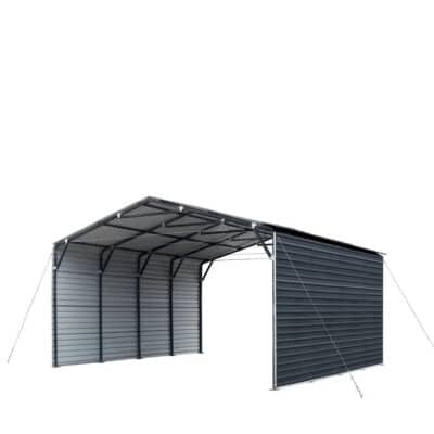 Steel carport/storage shelter with a pitched, corrugated metal roof and open left bay; right side has a solid wall panel and anchor guy lines.