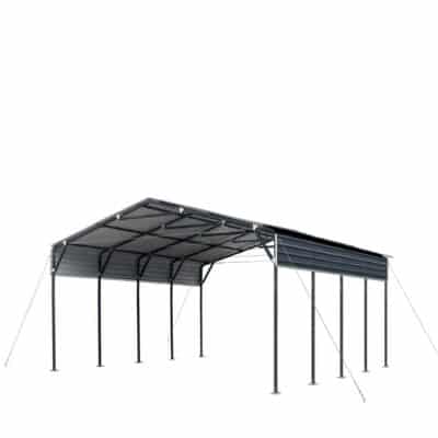 Metal carport shelter with a corrugated roof and multiple supporting posts anchored by guy wires on a flat surface.
