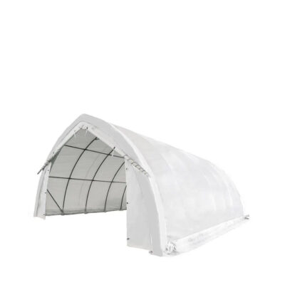 White arched tunnel greenhouse with a translucent plastic cover and metal ribs