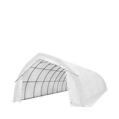White arched hoop greenhouse with a translucent cover and metal rib framework, a tunnel-like structure for growing plants
